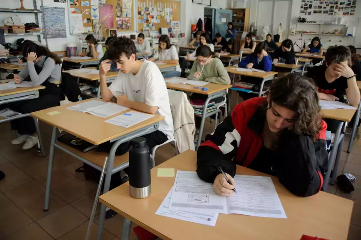 Estudiants concentrats fent un examen en una aula. Estudiants concentrats fent un examen en una aula.