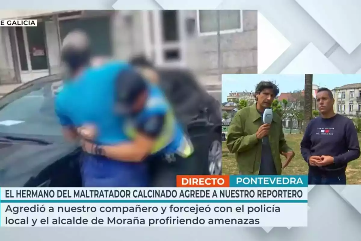 Un policia forceja amb un home al costat d’un cotxe mentre, en una finestra petita, dos periodistes informen en directe des de Pontevedra amb gràfics i textos d’una notícia a la pantalla. Un policia forceja amb un home al costat d’un cotxe mentre, en una finestra petita, dos periodistes informen en directe des de Pontevedra amb gràfics i textos d’una notícia a la pantalla.