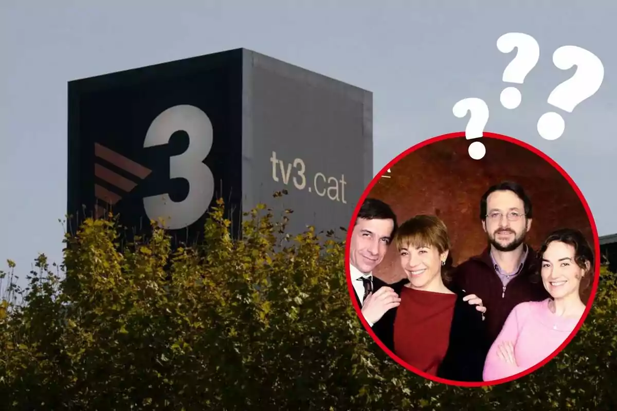 Edifici de TV3 amb un cercle vermell que conté una imatge de quatre persones i signes de interrogació.