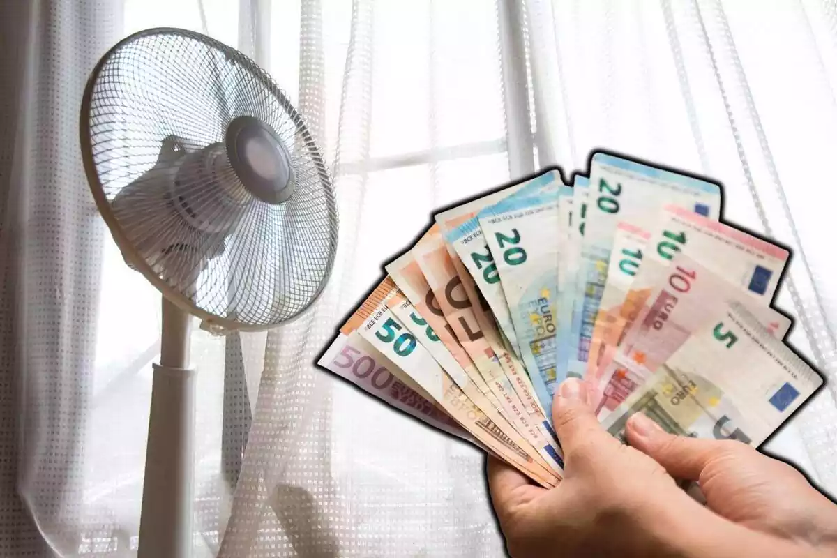 Muntatge amb una imatge de fons d'un ventilador davant d'unes cortines i una imatge superposada d'una mà amb diversos bitllets d'euro
