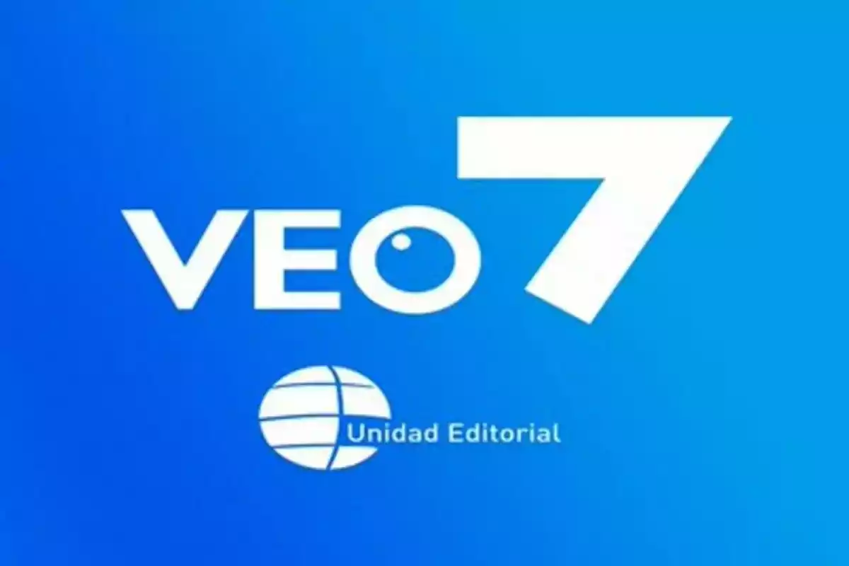 Logotip de Veo 7 en lletres blanques sobre fons blau amb el text Unidad Editorial i un globus terraqüi estilitzat a sota