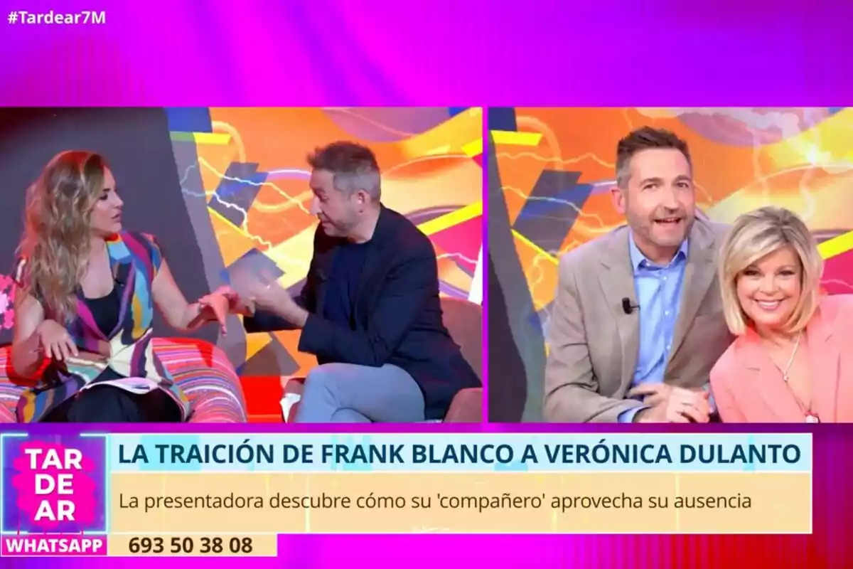 Verónica Dulanto i Frank Blanco a 'Tardear' amb gràfics cridaners i un text en pantalla que menciona una traïció. També apareix a la dreta Terelu Campos amb Frank Blanco. Verónica Dulanto i Frank Blanco a 'Tardear' amb gràfics cridaners i un text en pantalla que menciona una traïció. També apareix a la dreta Terelu Campos amb Frank Blanco.