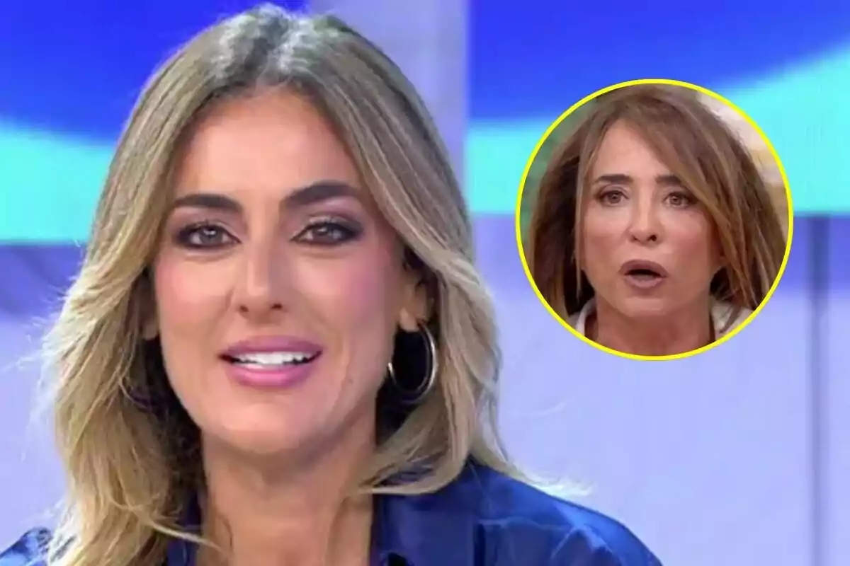 Verónica Dulanto rossa somrient en primer pla a Tardear amb María Patiño de cabell castany a La Família de la Tele dins d’un cercle groc a la cantonada superior dreta sobre un fons de colors blau i cel.