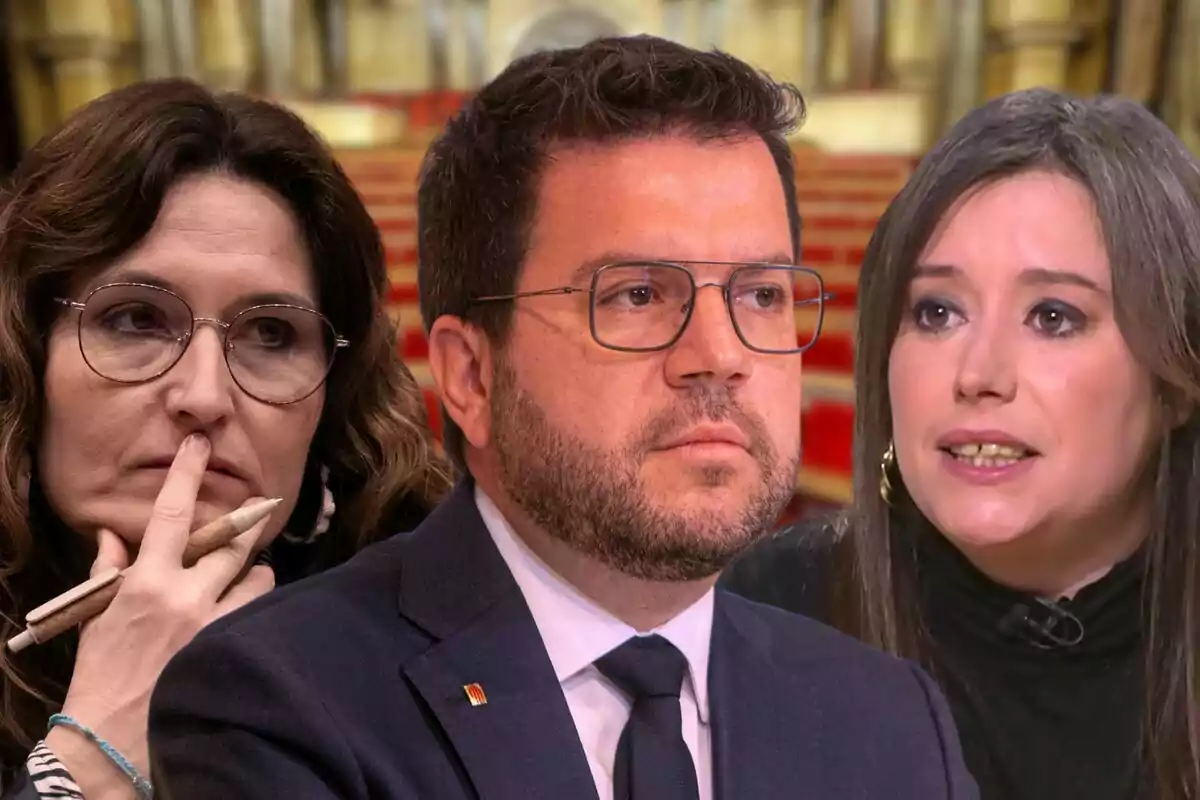 Laura Vilagrà, Pere Aragonès i Laure Vega amb un fons desenfocat d?un interior amb seients vermells.