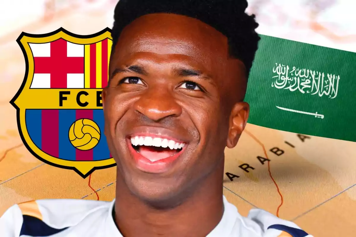 A smiling man with the FC Barcelona crest and the Saudi Arabian flag in the background.