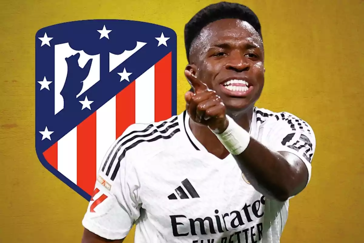 A player in a white uniform gestures in front of an Atlético de Madrid crest on a yellow background.