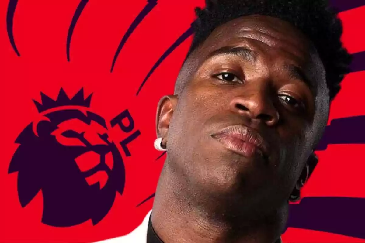 Vinícius Júnior amb actitud xulesca davant d'una imatge promocional de la Premier League