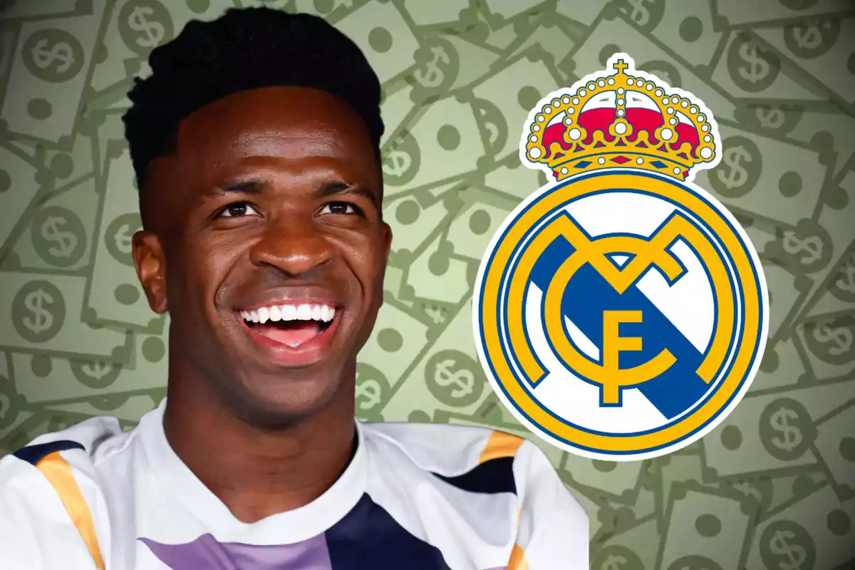 A smiling football player with the Real Madrid logo and a background of banknotes. A smiling football player with the Real Madrid logo and a background of banknotes.