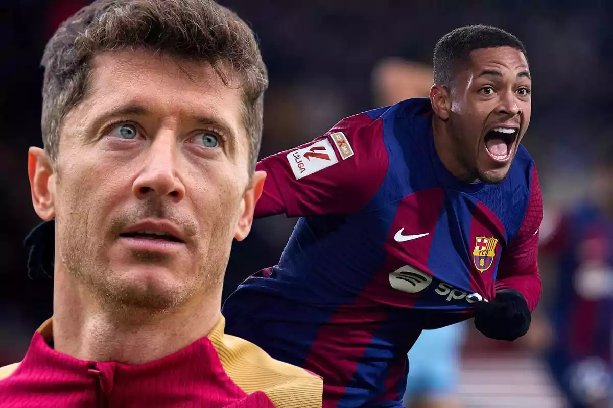 Robert Lewandowski en primer pla al costat d'una foto de Vitor Roque de fons