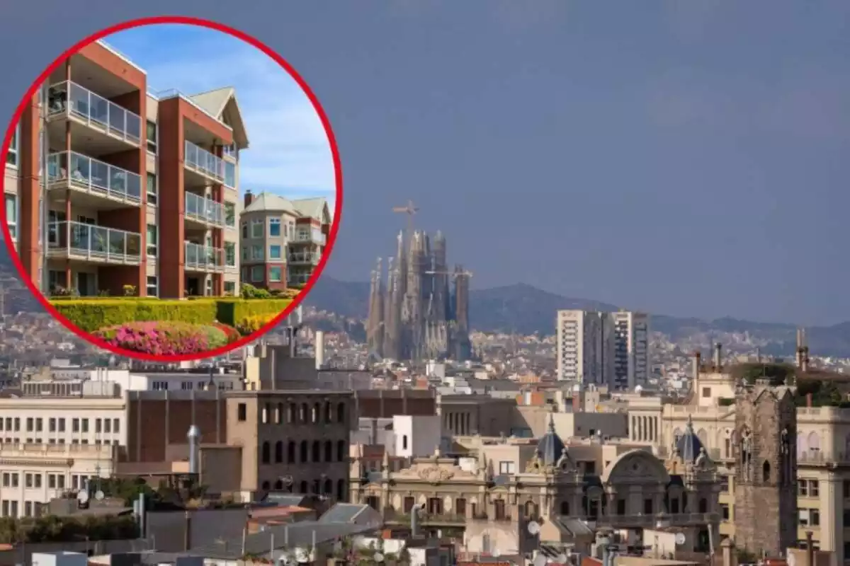 Imatge de la ciutat de Barcelona i al cercle un bloc d'habitatges