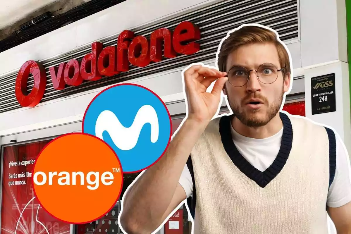 Muntatge amb una botiga de Vodafone i una persona sorpresa, a més dels logos d'Orange i Movistar