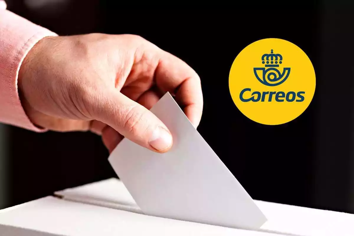 Persona posant un vot a una urna i l'emblema de correus