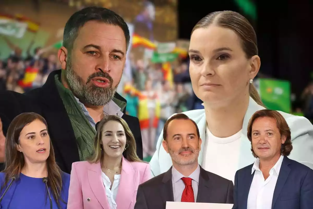 Muntatges amb dos plans mitjans grans de Santiago Abascal i Marga Prohens i quatre plans mitjans més petits de