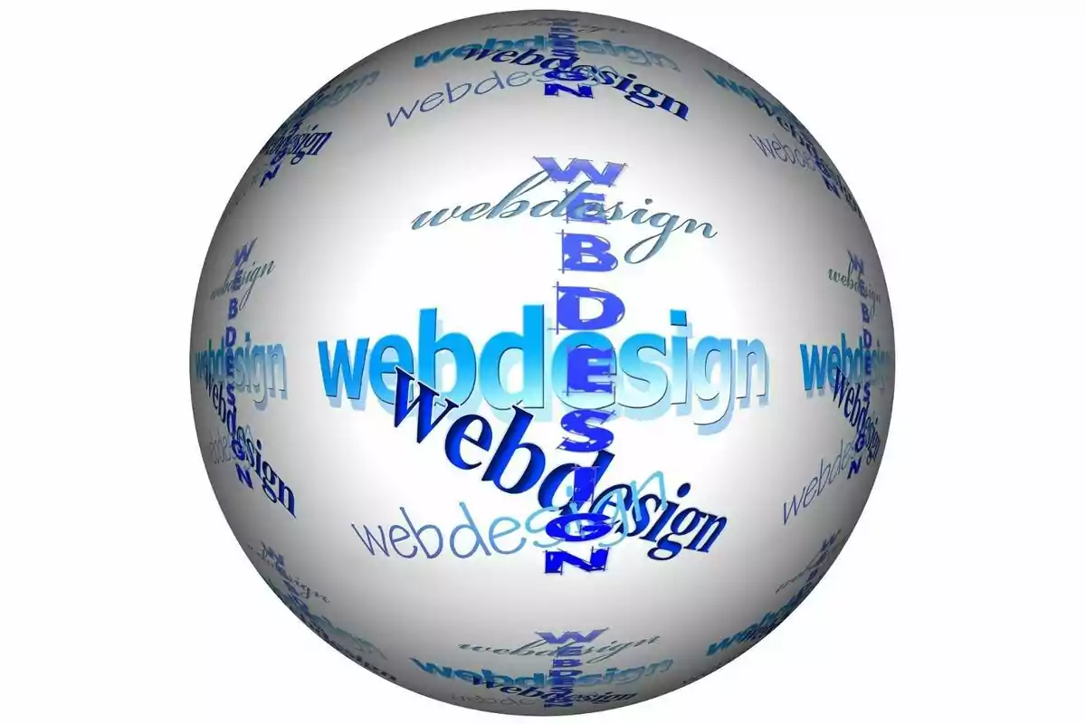 Esfera blanca con la palabra "webdesign" repetida en diferentes tamaños y orientaciones en tonos azules.