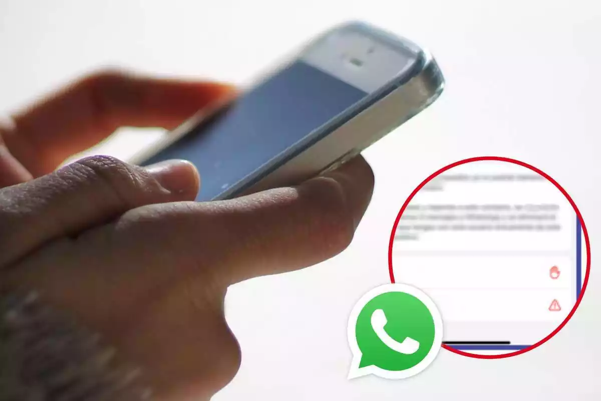 Imatge de fons d'unes mans amb un telèfon i una altra imatge d'un menú de WhatsApp i una altra d'un logo de l'aplicació