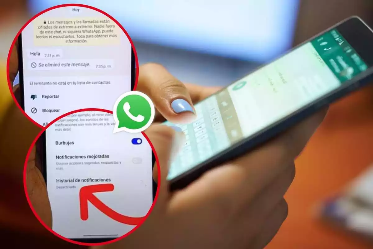 Muntatge amb una imatge de fons d'una persona usant WhatsApp i dues més mostrant un missatge eliminat d'un xat de WhatsApp i la pantalla d'Ajustos d'un telèfon