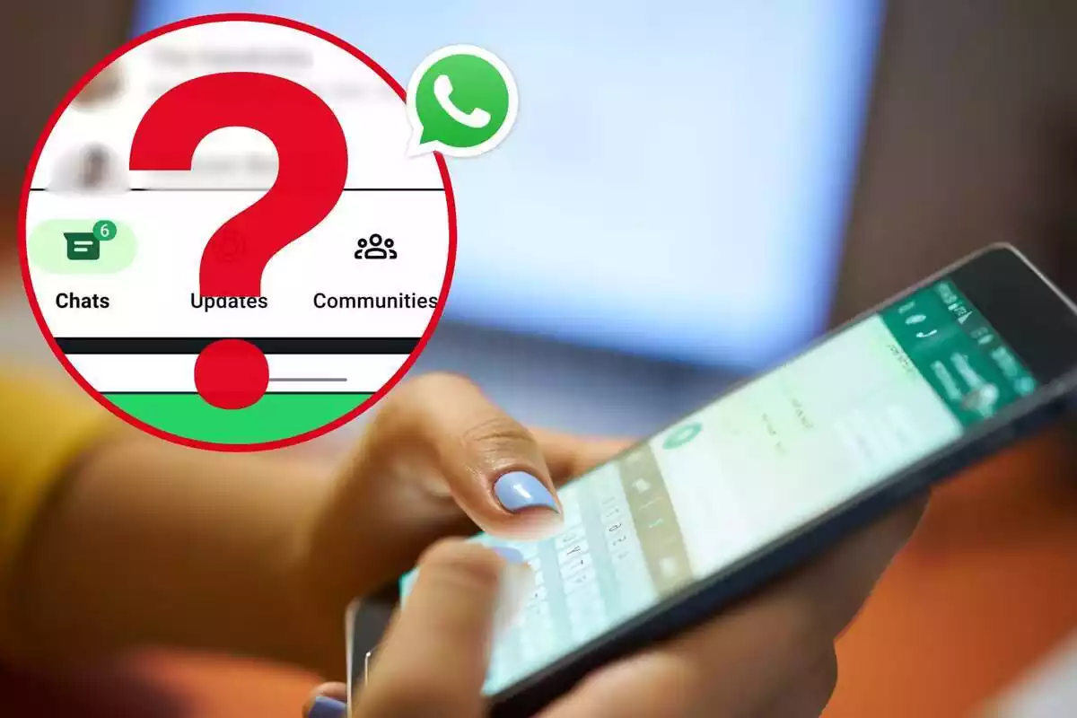 Imatge de fons de les mans d'una persona utilitzant WhatsApp i una altra imatge de la nova interfície de lapp, amb un interrogant davant
