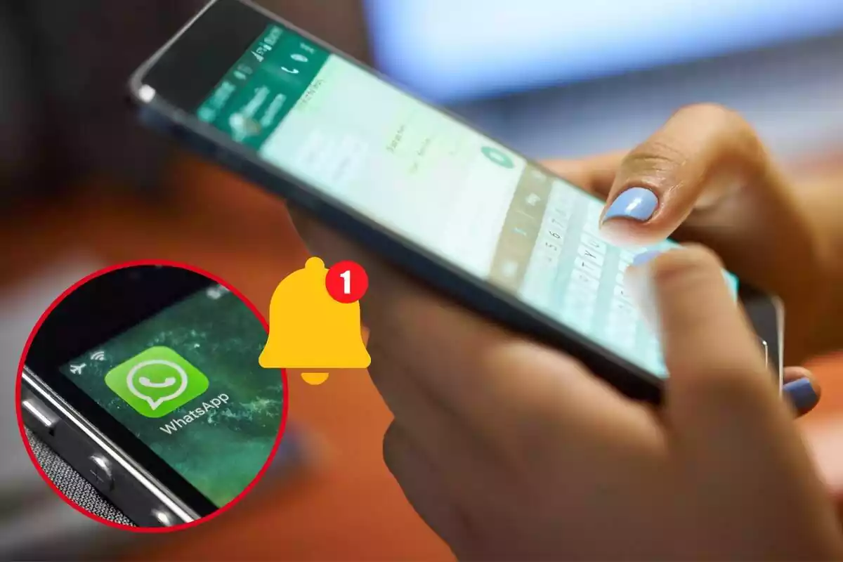 Imatge de fons d'unes mans amb un mòbil, dins de l'aplicació de WhatsApp i una altra imatge d'un símbol de l'aplicació WhatsApp en un telèfon, al costat d'una emoticona d'una campana amb una 1 en un cercle vermell