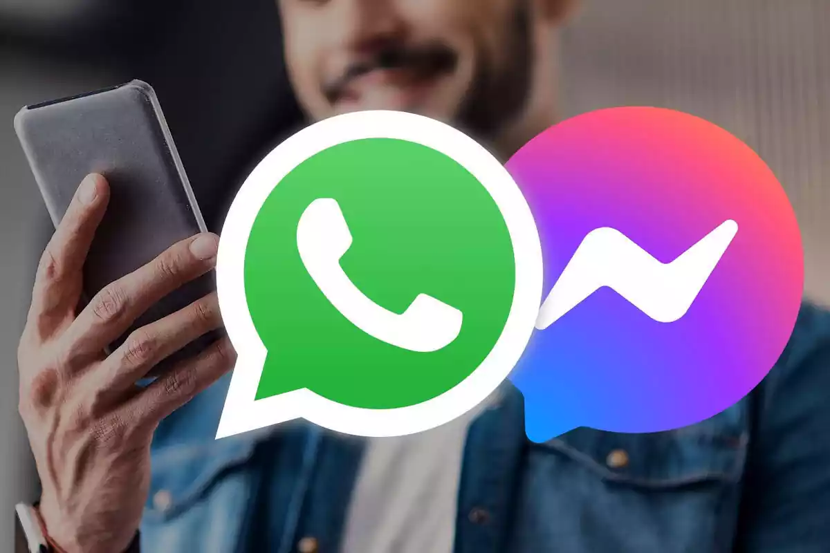 Muntatge amb un home mirant el telèfon amb els logos de whatsapp i messenger en primer pla