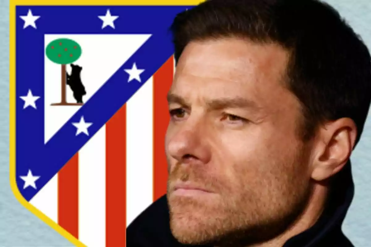 A man with a serious expression appears in front of the Atlético de Madrid crest.