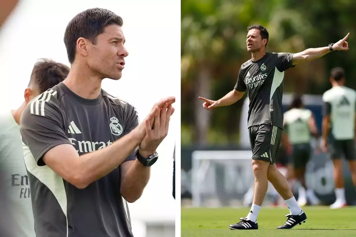 Entrenador de futbol amb uniforme d’entrenament del Reial Madrid donant indicacions i aplaudint durant una pràctica al camp Entrenador de futbol amb uniforme d’entrenament del Reial Madrid donant indicacions i aplaudint durant una pràctica al camp