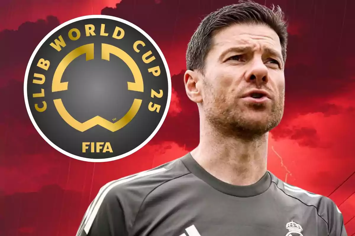 Man wearing a gray sports jersey with the FIFA Club World Cup 2025 logo on a red background