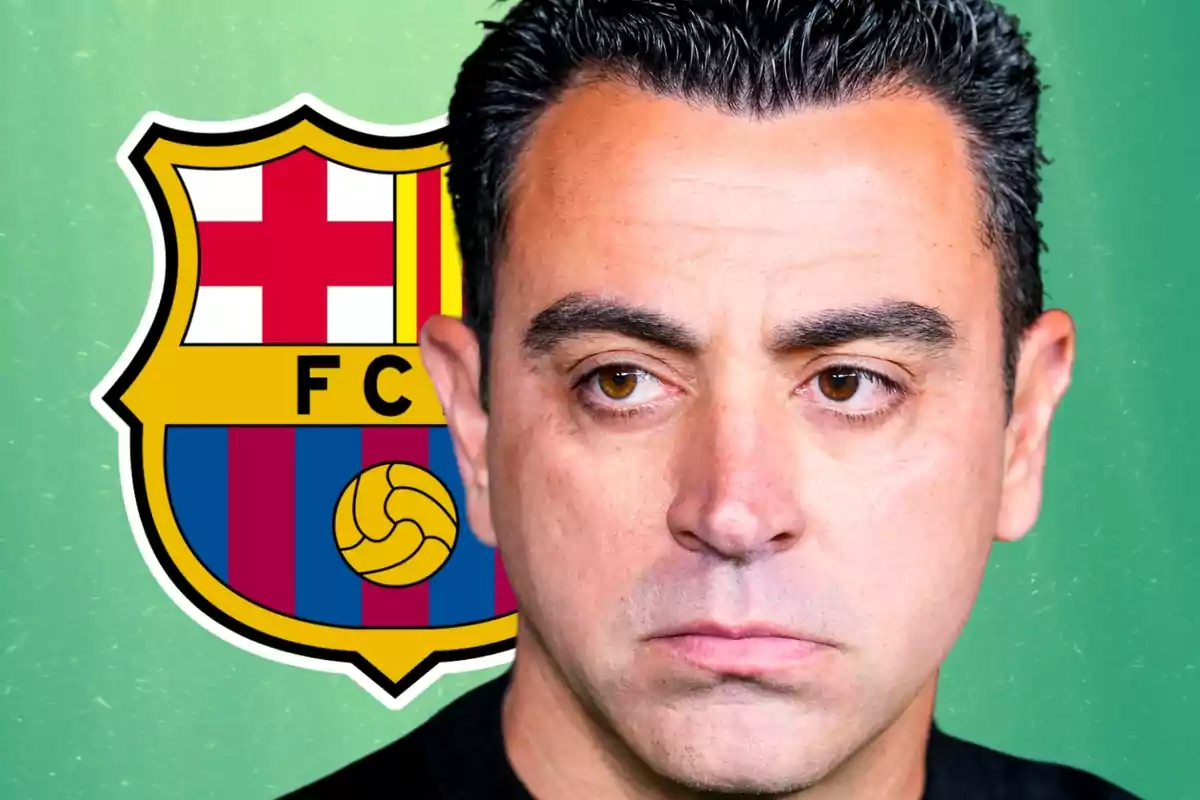 A man with a serious expression in front of the FC Barcelona crest on a green background.