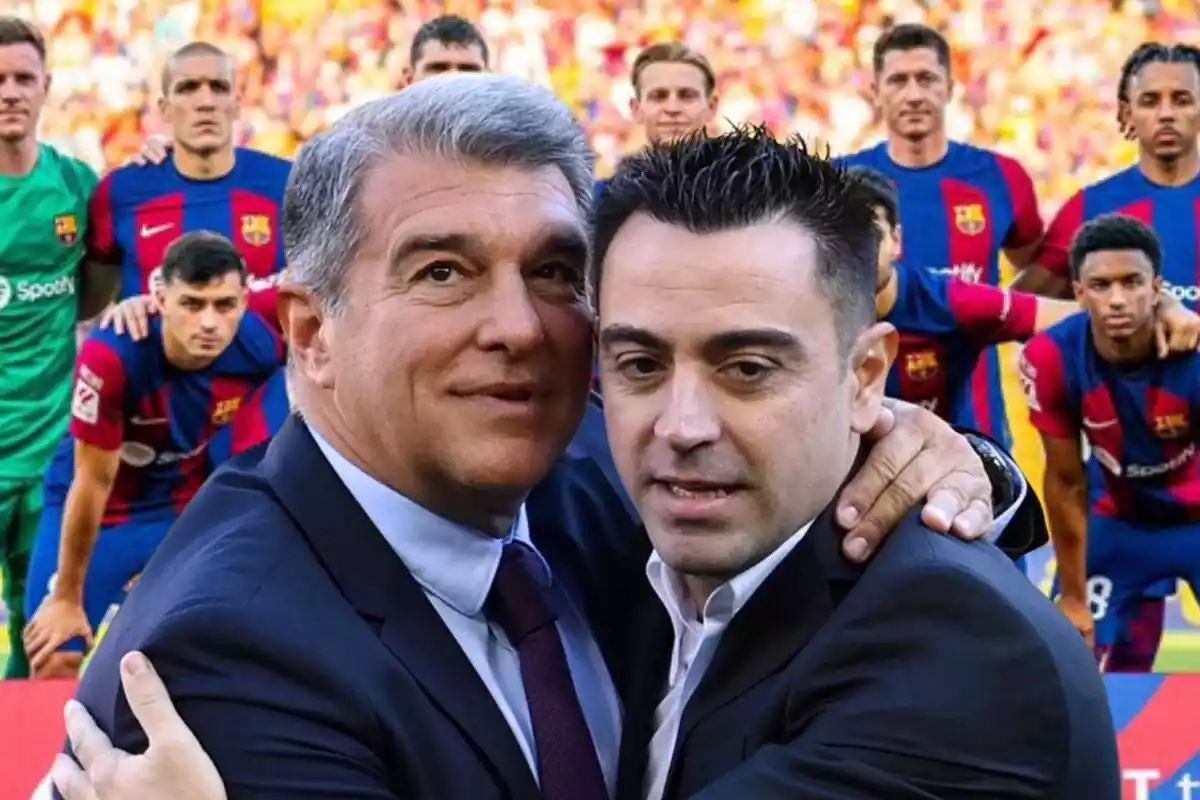 El president del Barça, Joan Laporta, amb l'entrenador del primer equip egarenc, Xavi Hernández.