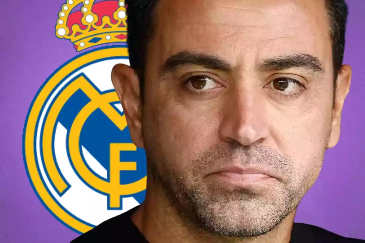 A man with a serious expression in front of the Real Madrid logo on a purple background.