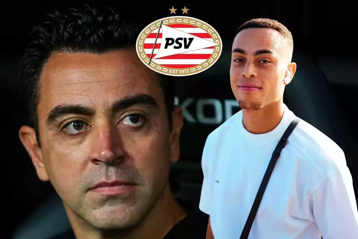 Muntatge de Xavi mirant a Sergiño Dest amb l'escut del PSV