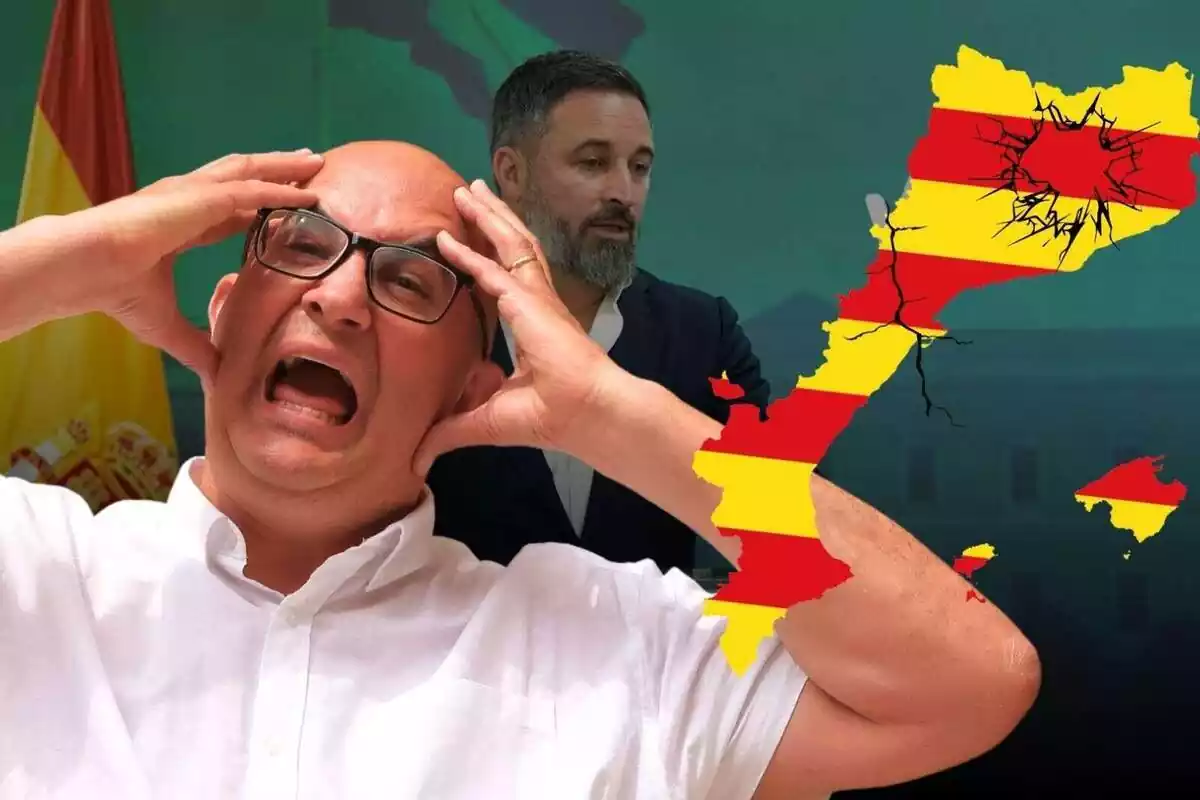 Muntatge amb un pla mitjà curt de Xavier Rius amb les mans al cap i la boca oberta, amb una imatge del mapa dels Països Catalans trencat i una foto de Santiago Abascal de fons