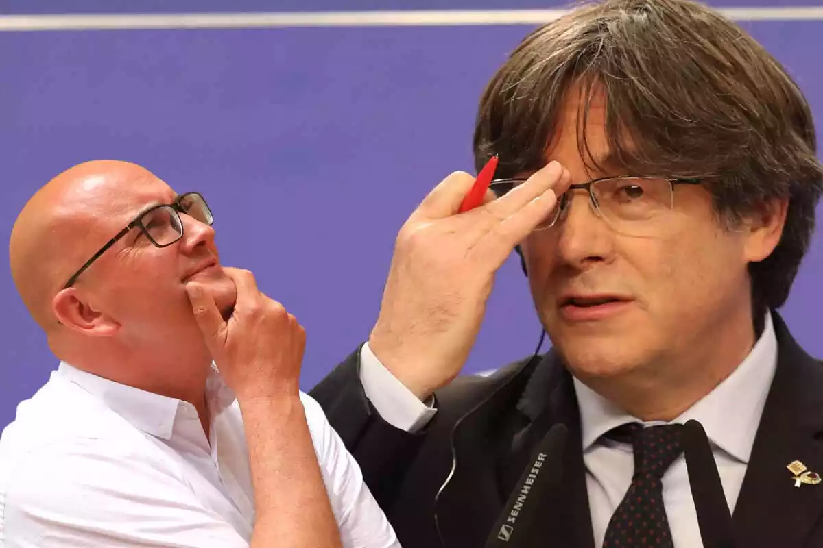 Pla mig de Xavier Rius mirant al cel amb cara pensativa i amb la mà a la barbeta i un pla mitjà curt de Carles Puigdemont tocant-se les ulleres