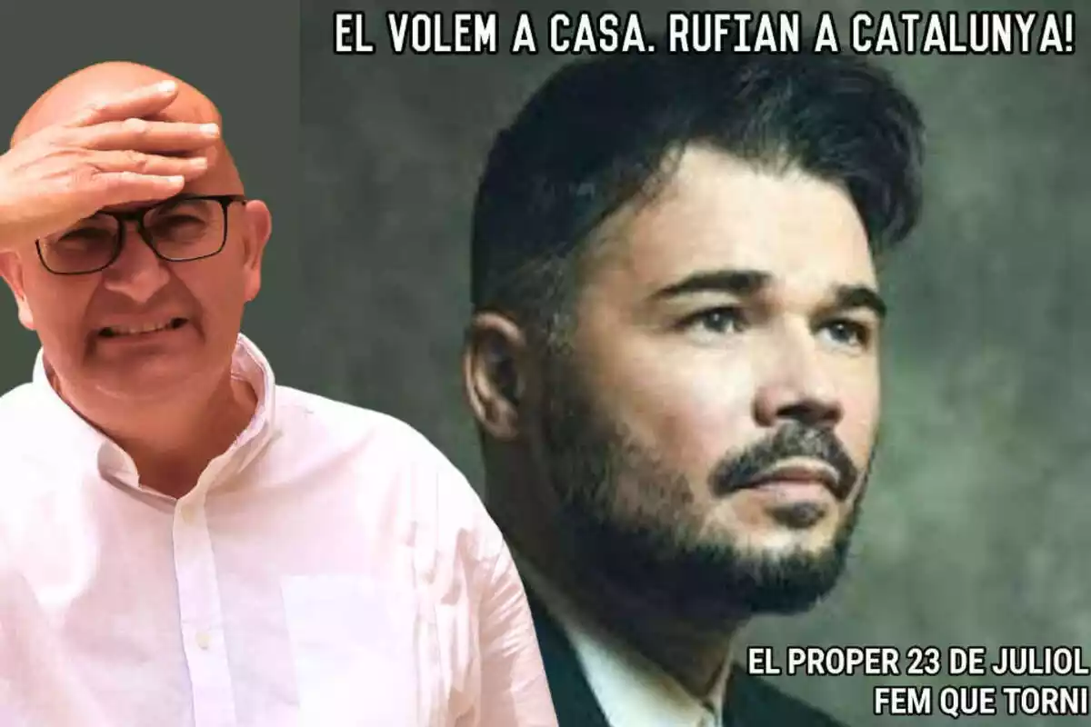 Muntatge de Xavier Rius amb la mà al front i un meme de Gabriel Rufián de fons