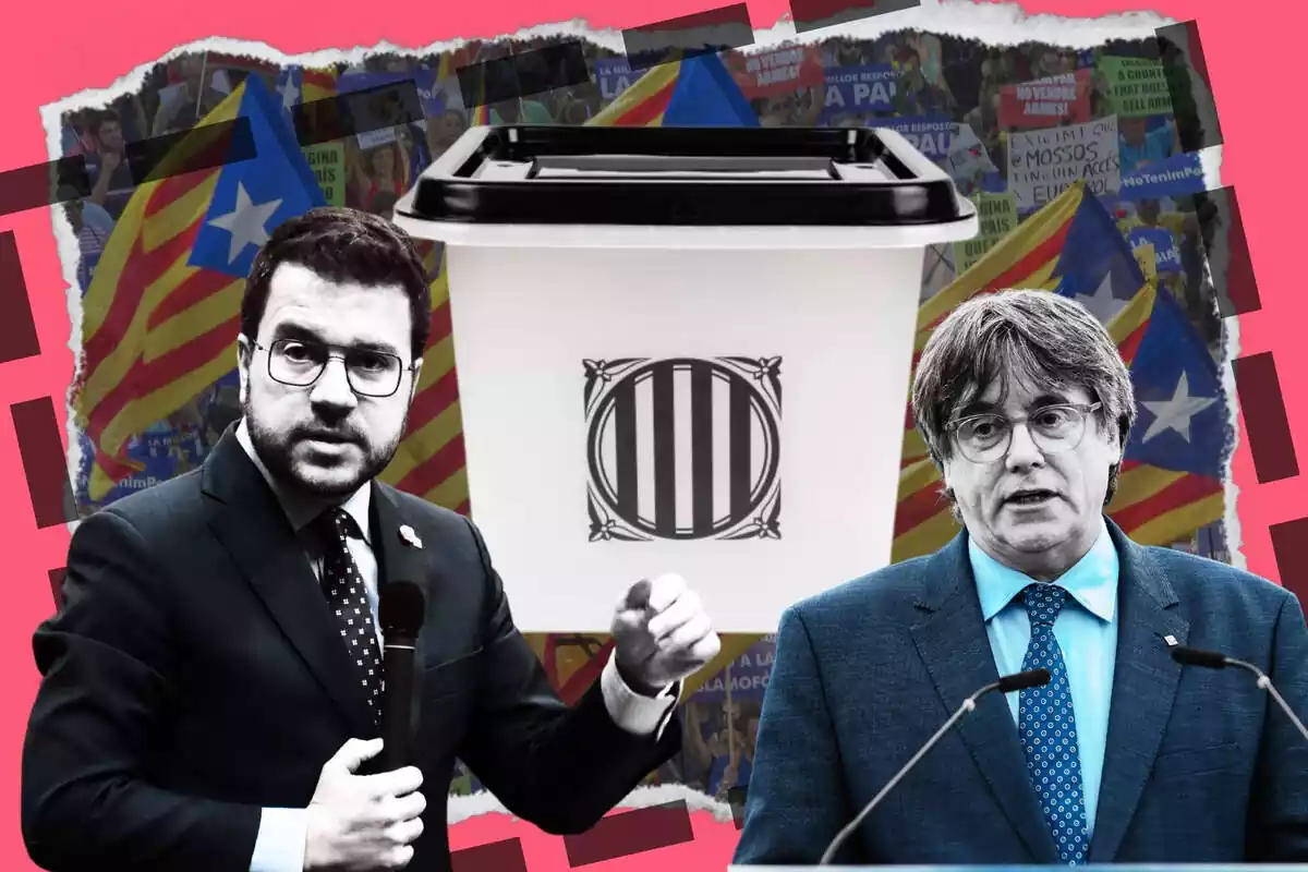 Muntatge amb Pere Aragonès i Carles Puigdemont amb una urna de l'1 d'octubre i una manifestació independentista de fons