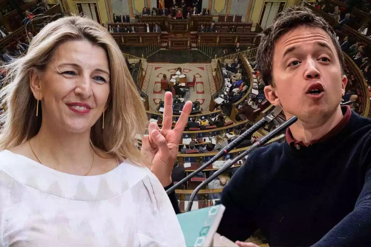 Muntatge amb Yolanda Díaz i Íñigo Errejón en un pla mitjà curt i una imatge del Congrés dels Diputats de fons