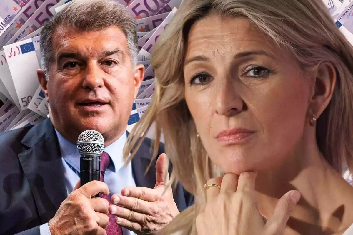 Yolanda Díaz en primer pla al costat de Joan Laporta amb un micròfon a la mà