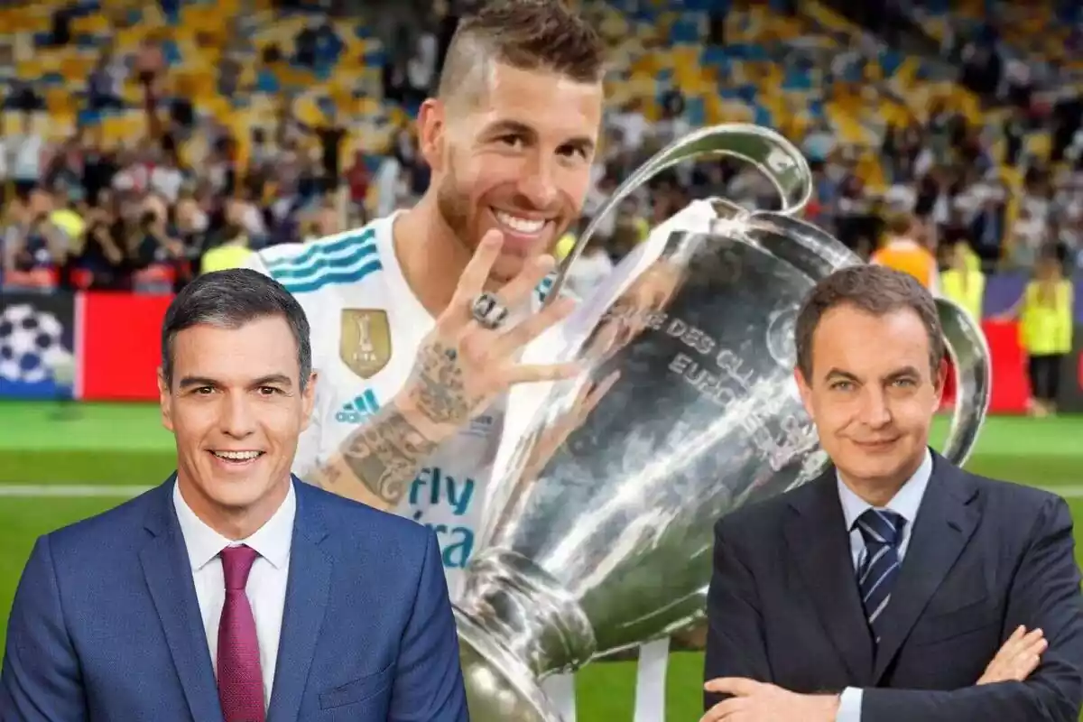 Muntatge amb Pedro Sánchez, Sergio Ramos quan jugava al Reial Madrid i José Luis Rodríguez Zapatero