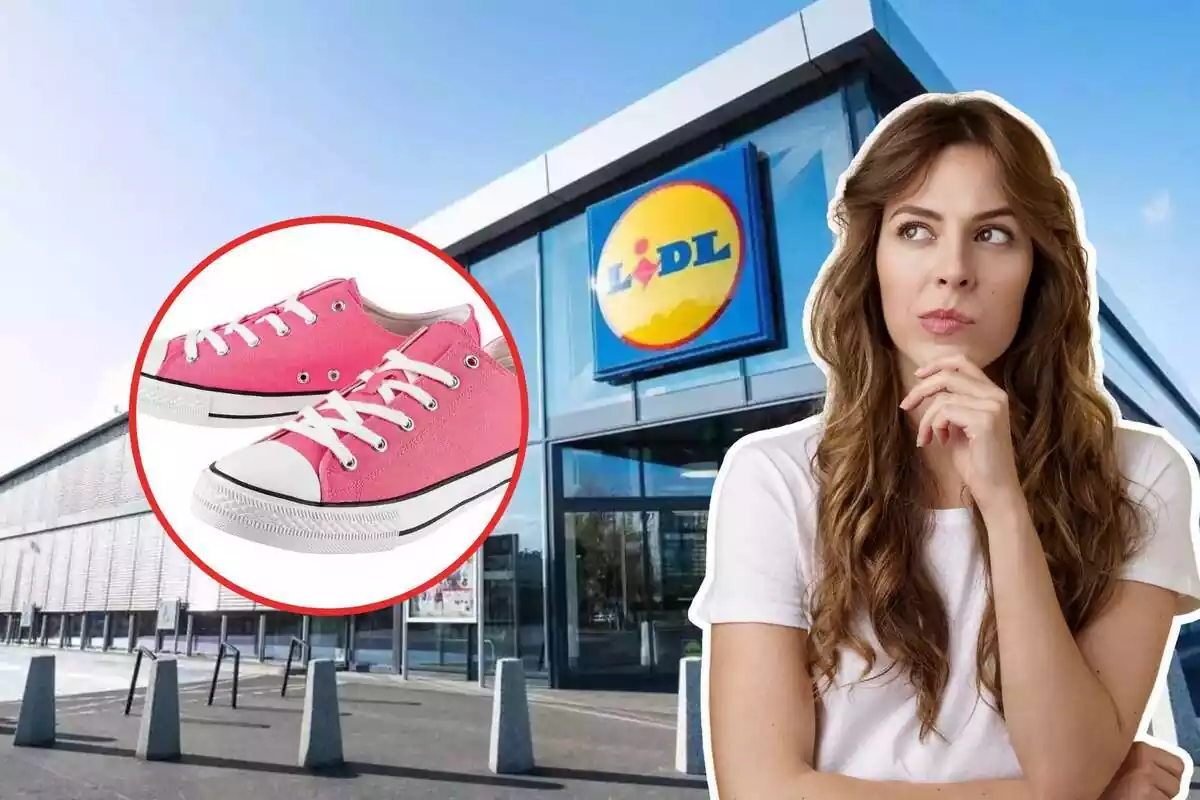 Muntatge amb una noia, una botiga Lidl i unes sabatilles semblants a Converse