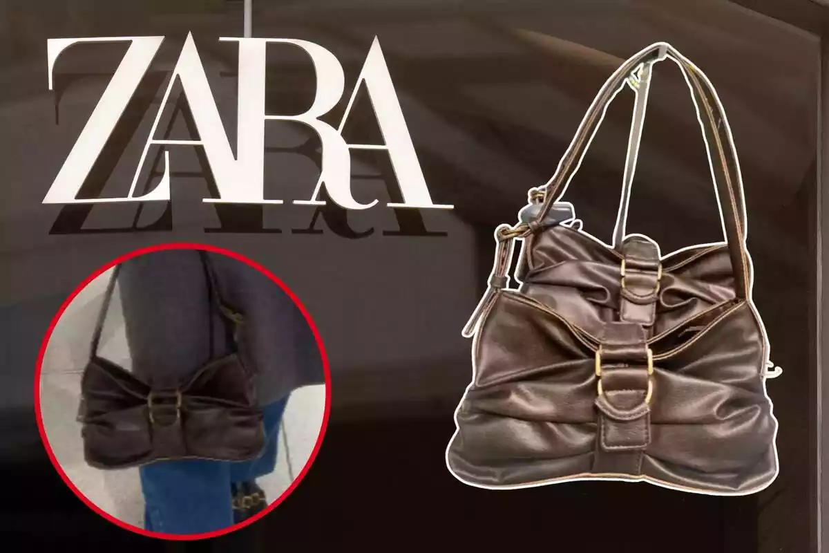 Imatge de fons de diverses bosses amb sivella de Zara i una altra d'una persona amb la mateixa bossa i una de fons d'un logotip d'una botiga Zara