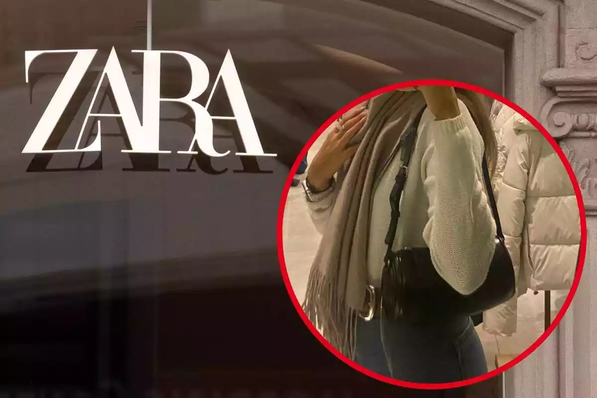Imatge de fons d'un logo de Zara en una de les botigues i una altra d'una persona posant amb una bossa negra format mini
