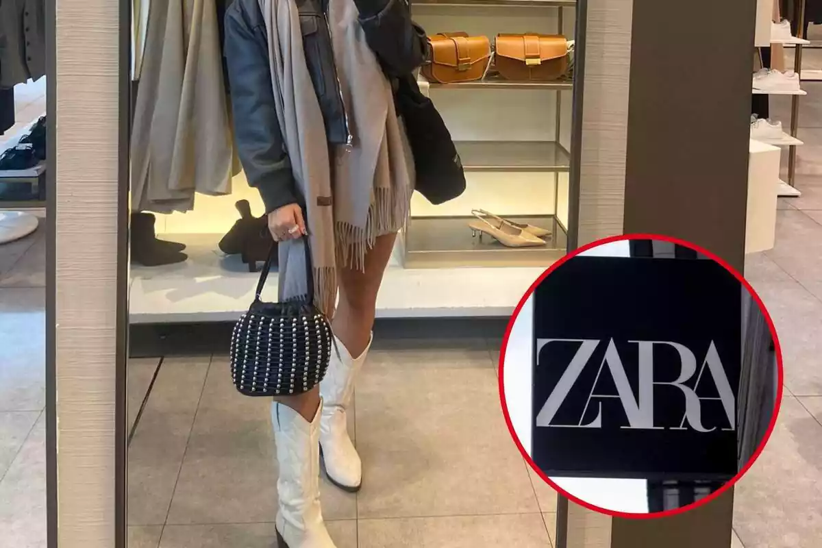 Imatge de fons d'una persona amb una bossa de tatxes de Zara negre i un logotip d'una botiga Zara