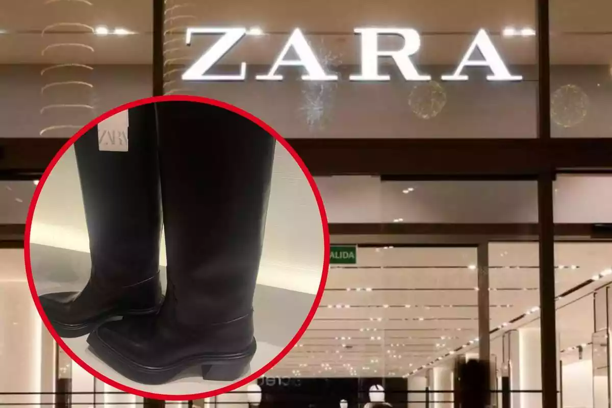 Imatge de fons d´una botiga Zara i una altra d´unes botes de la marca en color negre