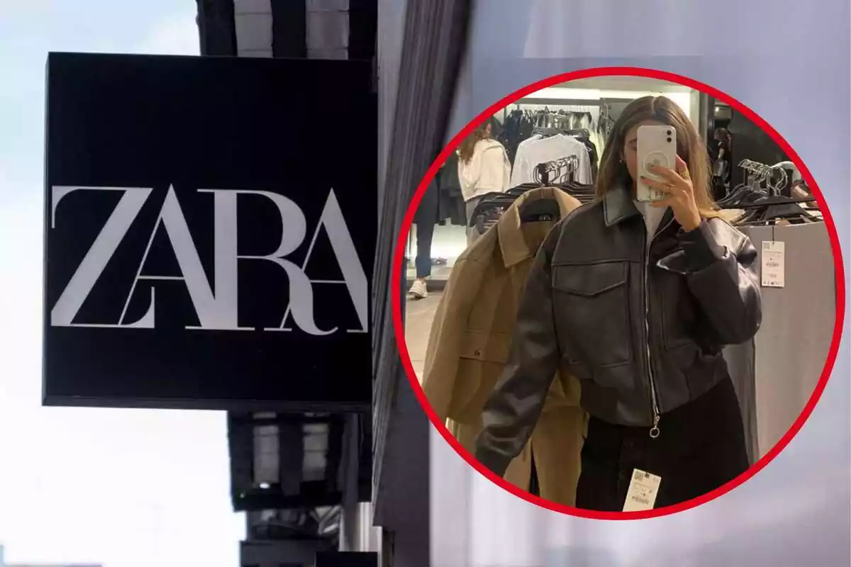 Muntatge amb un logotip de Zara de fons i una imatge d'una persona posant amb una jaqueta de Zara