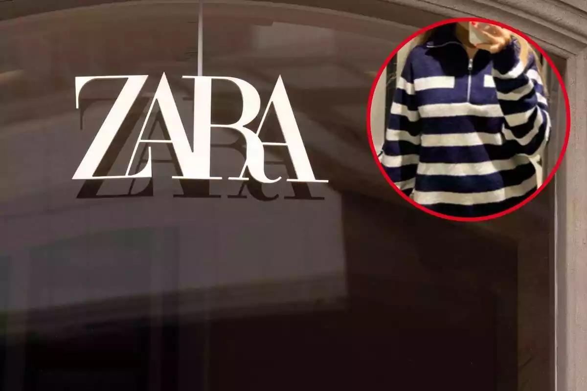 Botiga Zara i primer pla del jersei de ratlles cremallera