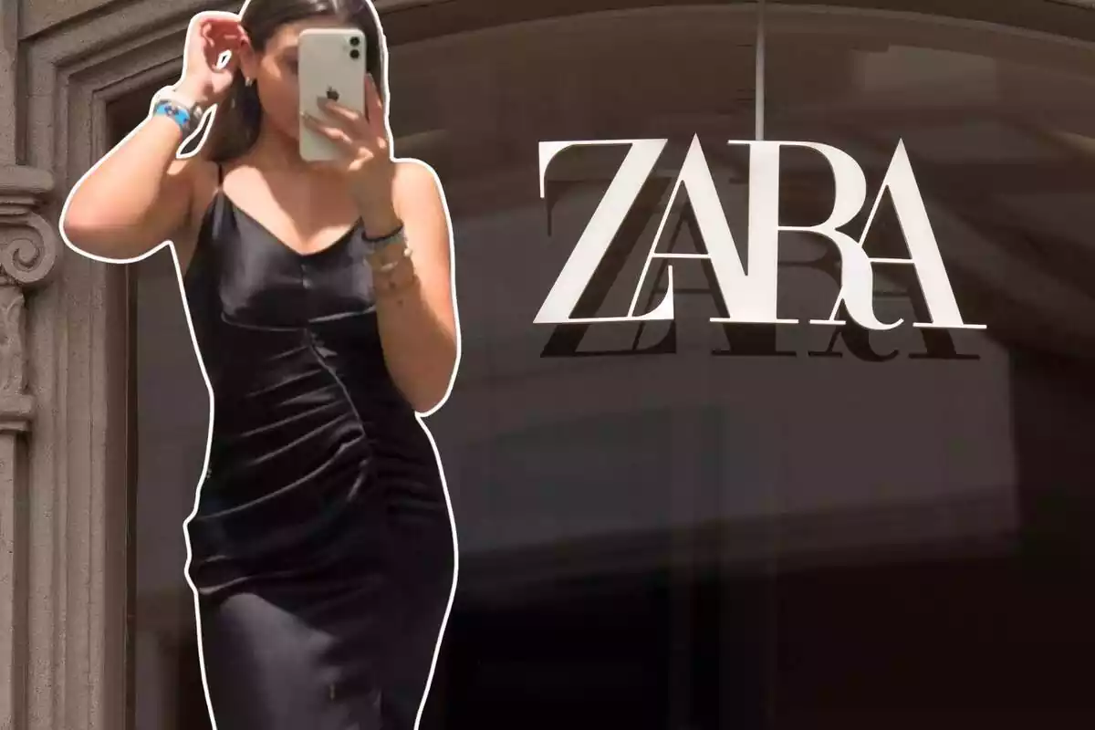 Imatge de fons d'un logotip a una botiga Zara i una altra imatge d'una persona en primer pla posant amb un vestit negre llencer de la marca