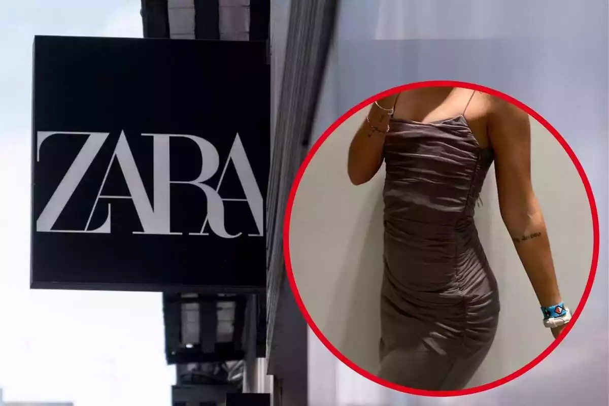 Imatge de fons d'una botiga Zara i una altra imatge d'una persona posant amb un vestit de tul drapejat de Zara