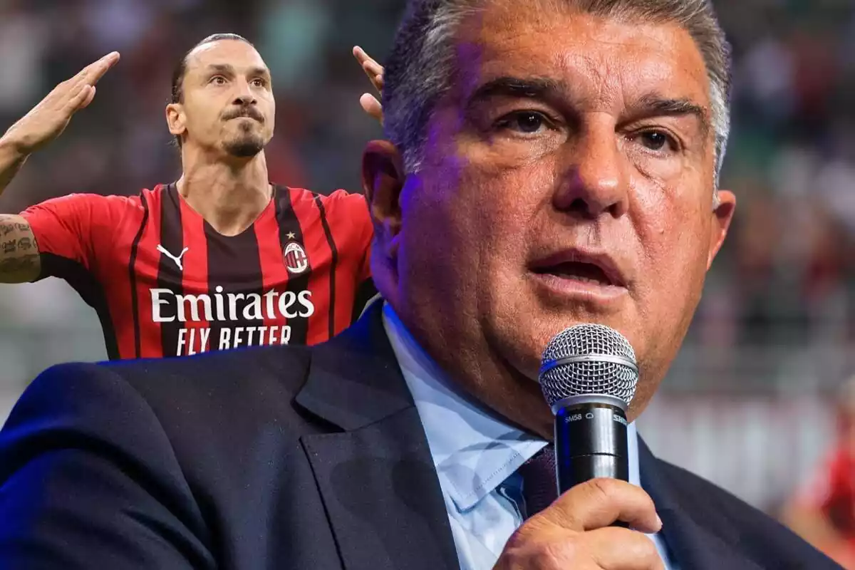 Joan Laporta amb un micròfon a la mà al costat de Zlatan Ibrahimovic aixecant els braços